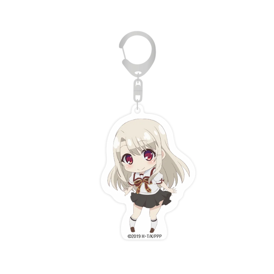 Silberner Schlüsselanhänger mit Illya aus Fate/kaleid liner PRISMA ILLYA Prisma Phantasm, weißes Haar, rote Augen, schwarzes Kleid mit braunem Schleifenband