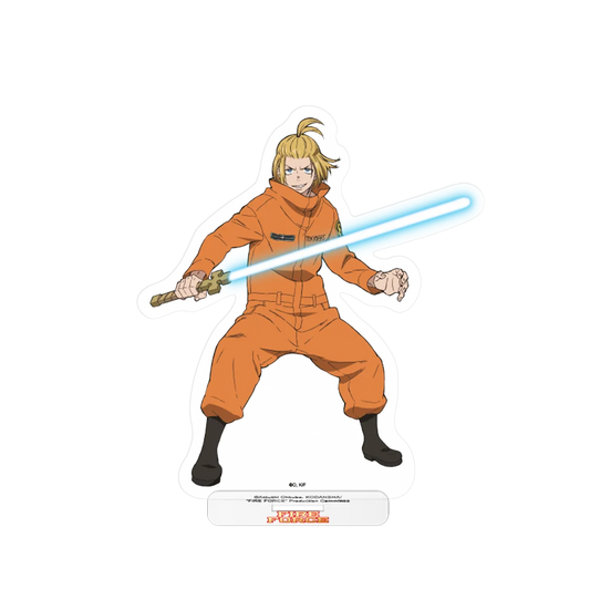 Feuer Kraft Acrylaufsteller Arthur mit orangefarbenem Overall und blauer Lichtschwert-Aufkleber