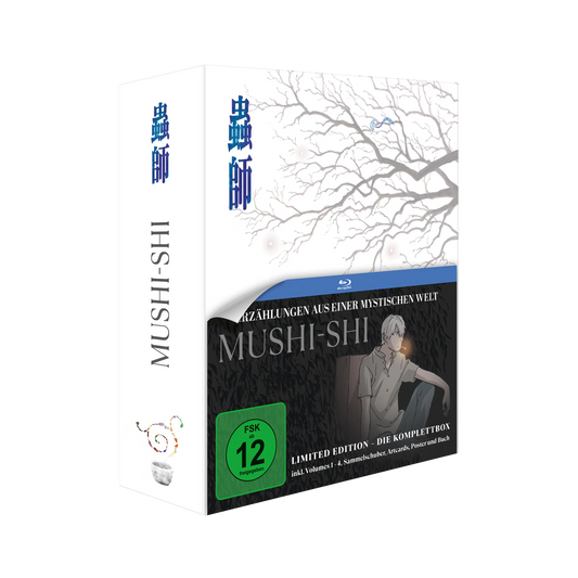 Limited Edition Mushishi Blu-ray Box Set mit weiß-blauem Design und Anime-Charakter