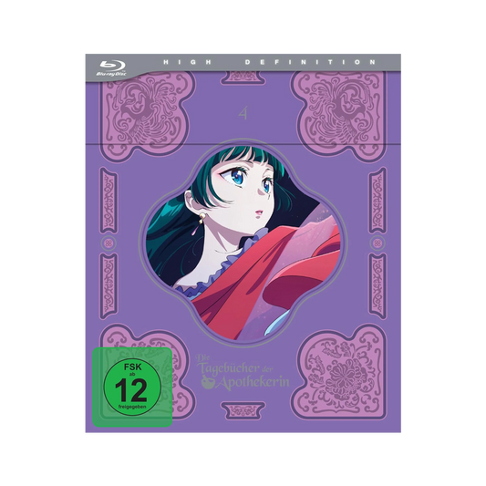 Lila Anime-Charakter Blu-ray-Case mit aufwändigem Design und HD-Label für The Apothecary Diaries Staffel 1 Vol 4