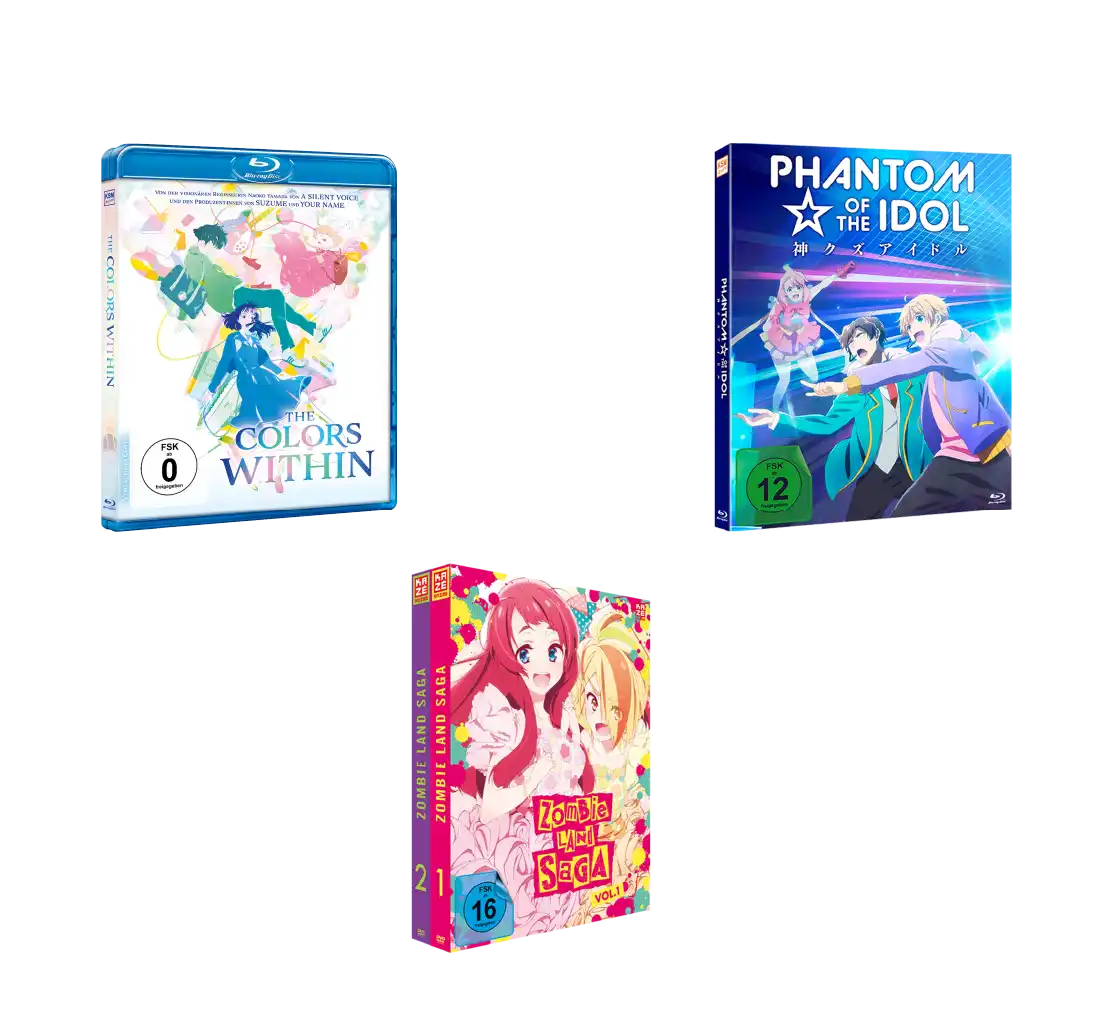 2019 Anime-Blu-ray-Sammlung mit »Colors Within«, »Phantom of the Idol« und »Love Live! School Idol Project«.