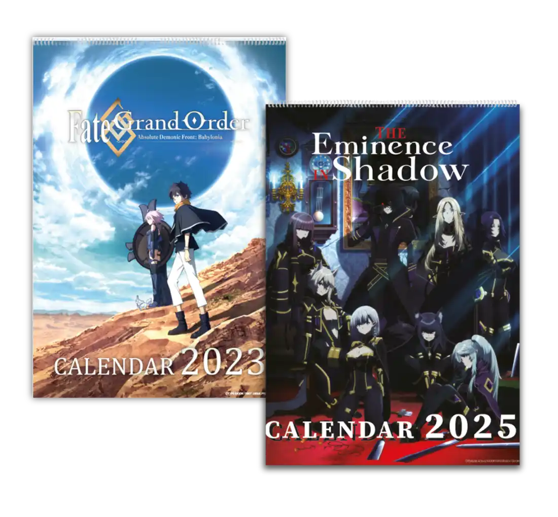 2023 Fate/Grand Order-Kalender mit Anime-Charakteren in einer Wüstenlandschaft.