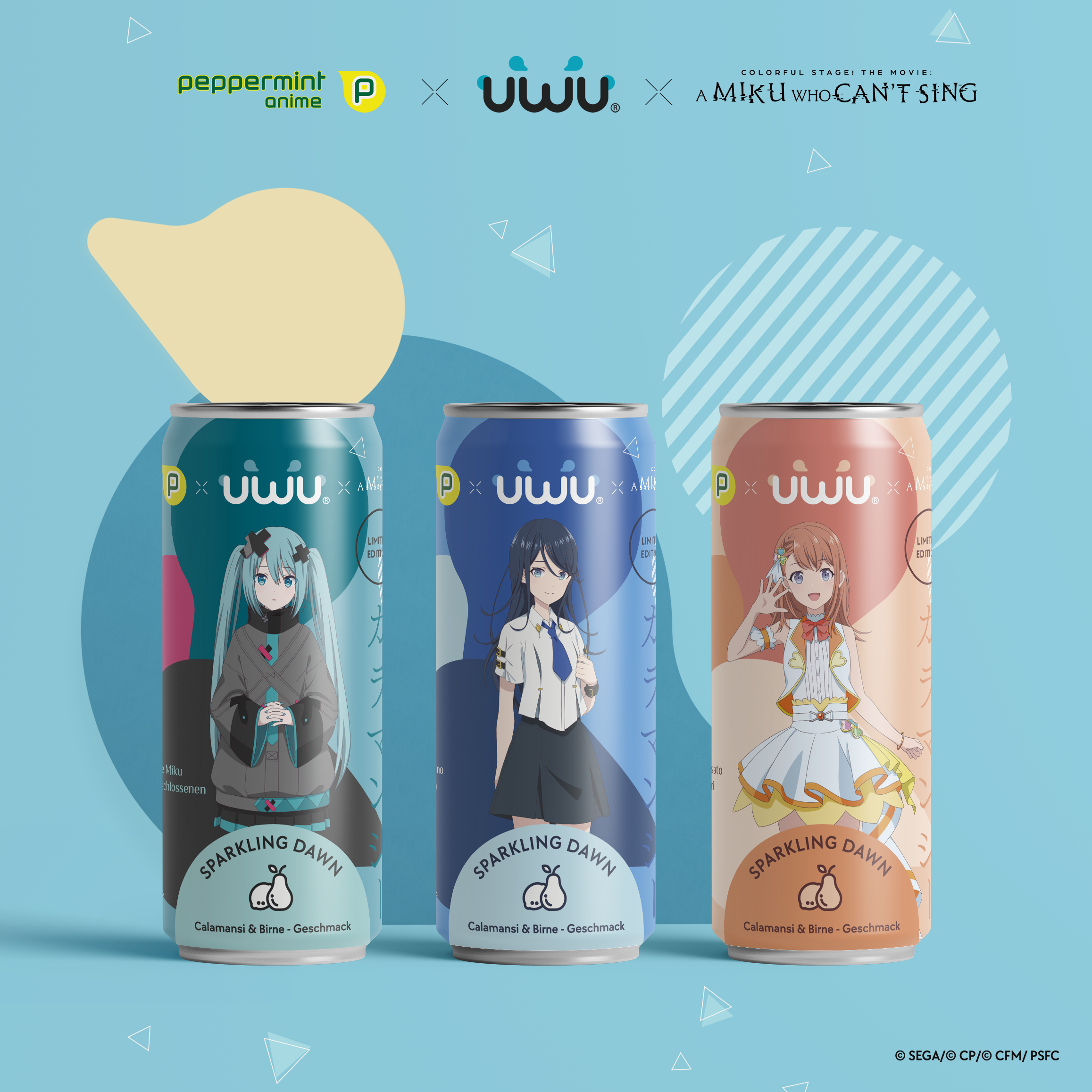 UWU x Colorful Stage! The Movie: A Miku Who Can't Sing - Erfrischungsgetränk - Sparkling Dawn (Calamansi & Birne) - 12er Tray - PACK A inkl. Pfand