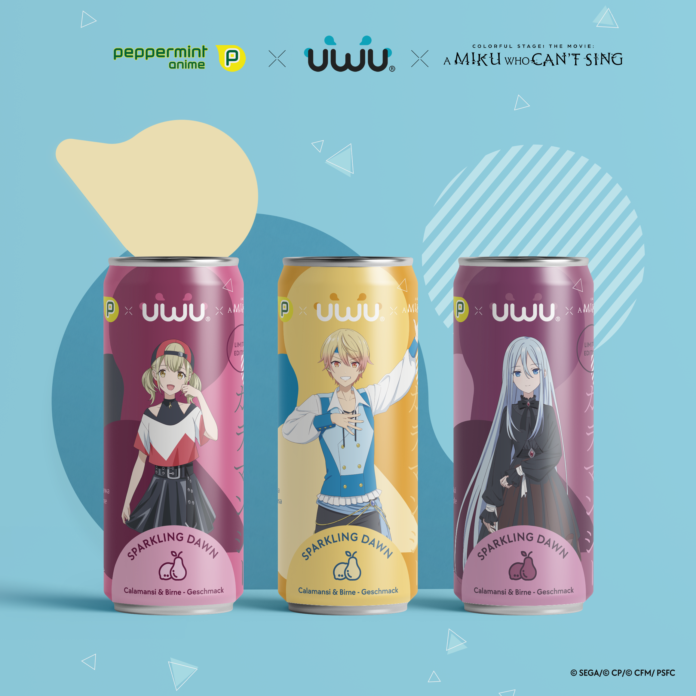 UWU x Colorful Stage! The Movie: A Miku Who Can't Sing - Erfrischungsgetränk - Sparkling Dawn (Calamansi & Birne) - 12er Tray - PACK A inkl. Pfand
