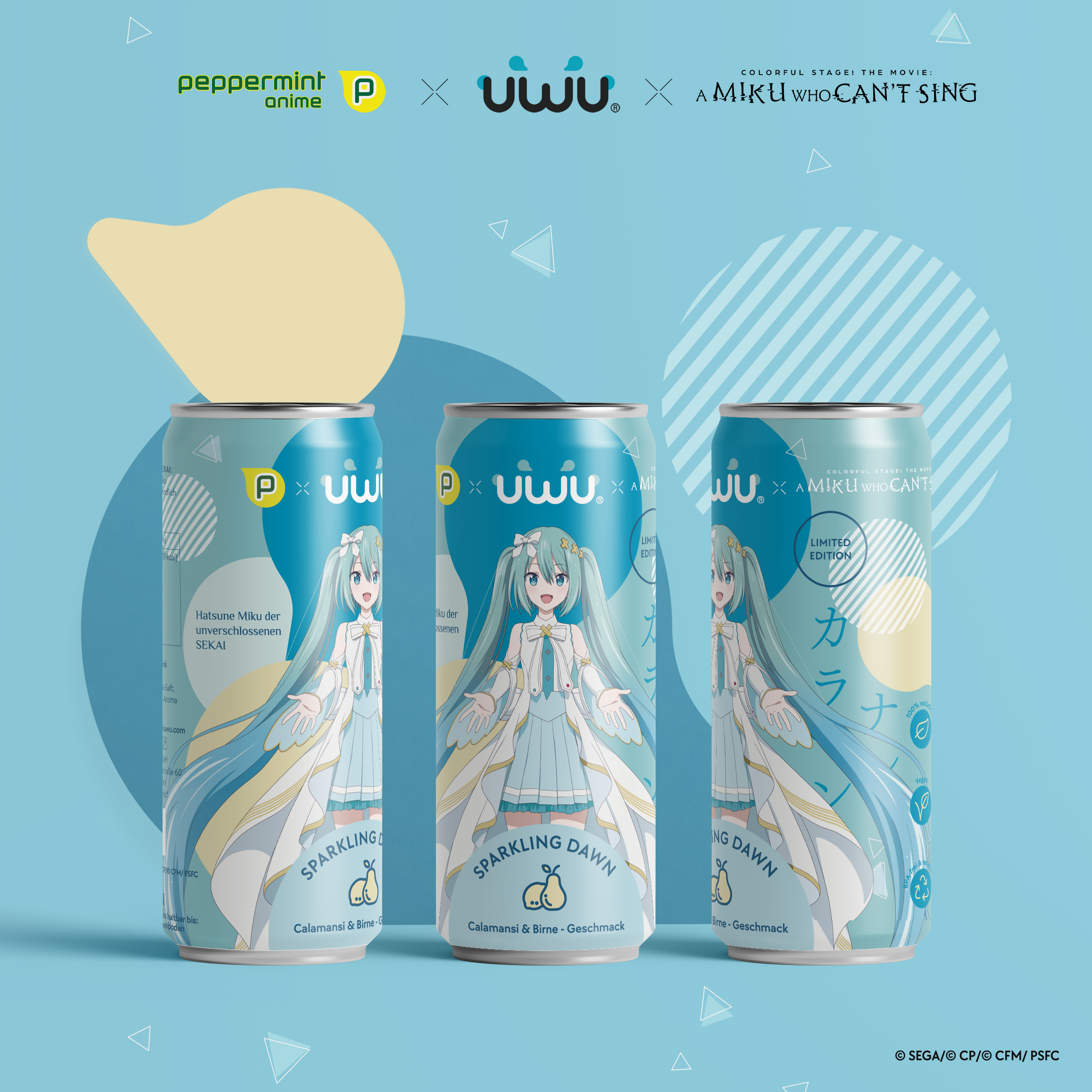 UWU x Colorful Stage! The Movie: A Miku Who Can't Sing - Erfrischungsgetränk - Sparkling Dawn (Calamansi & Birne) - 12er Tray - PACK B inkl. Pfand