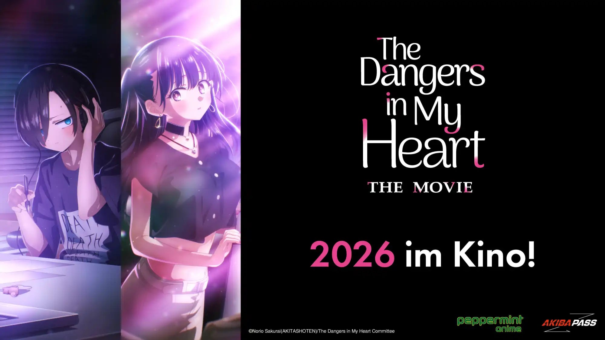 2026 Filmplakat für »Die Gefahren in meinem Herzen« mit Anime-ähnlichen Charakteren.
