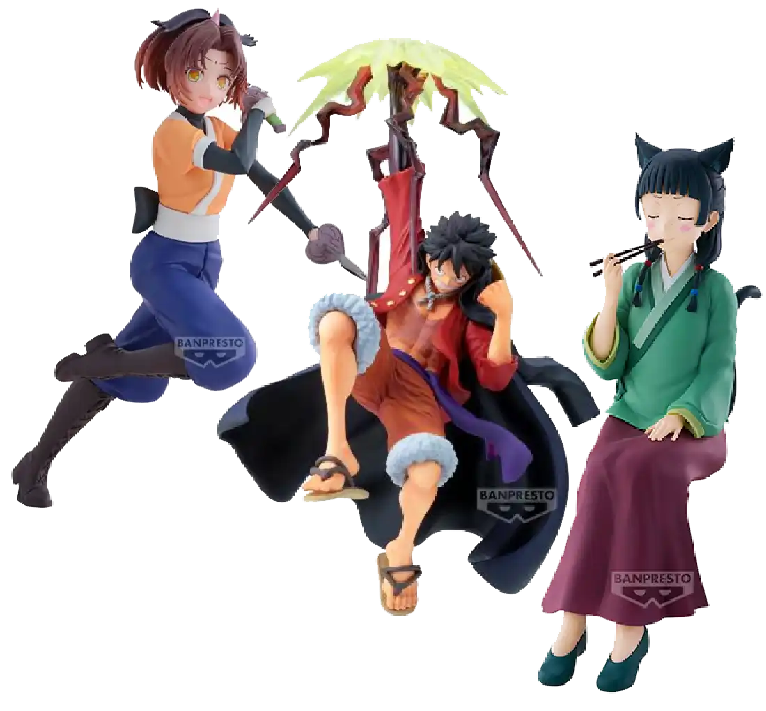 3D Anime-Figuren-Set mit Charakteren aus der »Inuyasha«-Serie, darunter Kikyo in einem orangefarbenen Oberteil und blauen Hosen mit einem schwarzen Schwert, Sesshomaru in roter Rüstung, der einen grünen Sonnenschirm hält, und Jaken in