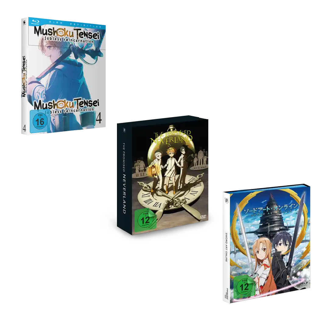 4K Blu-ray-Box-Set von Mushoku Tensei: Jobless Reincarnation, mit einem Charakter mit langen dunklen Haaren und Schwert.
