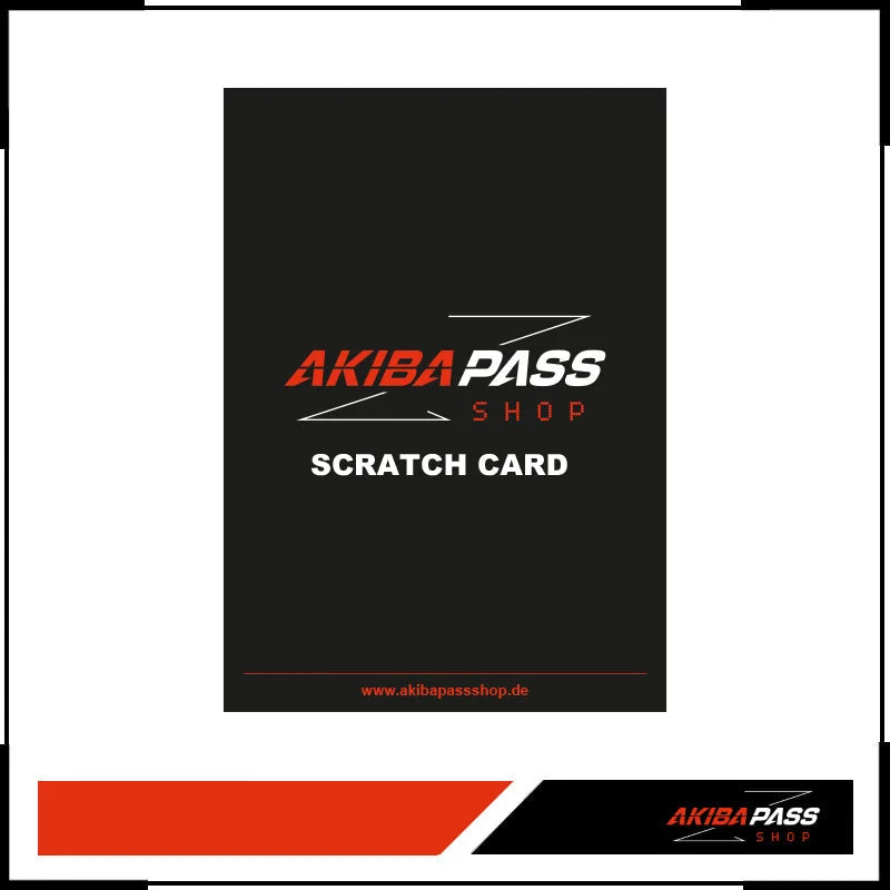 Schwarzer Rubbellos mit weißen Texten und Akiba Pass Shop Branding für Danke Bestellung