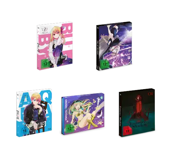 Anime-Box-Set-Sammlung mit buntem Artwork und verschiedenen Charakteren auf den Covern, mit beliebten Serien wie »Bungo Stray Dogs« und »A3!« in deutscher Verpackung.