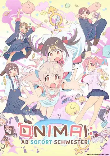 Anime-Poster mit bunt gekleideten Charakteren in verschiedenen Outfits und Posen.
