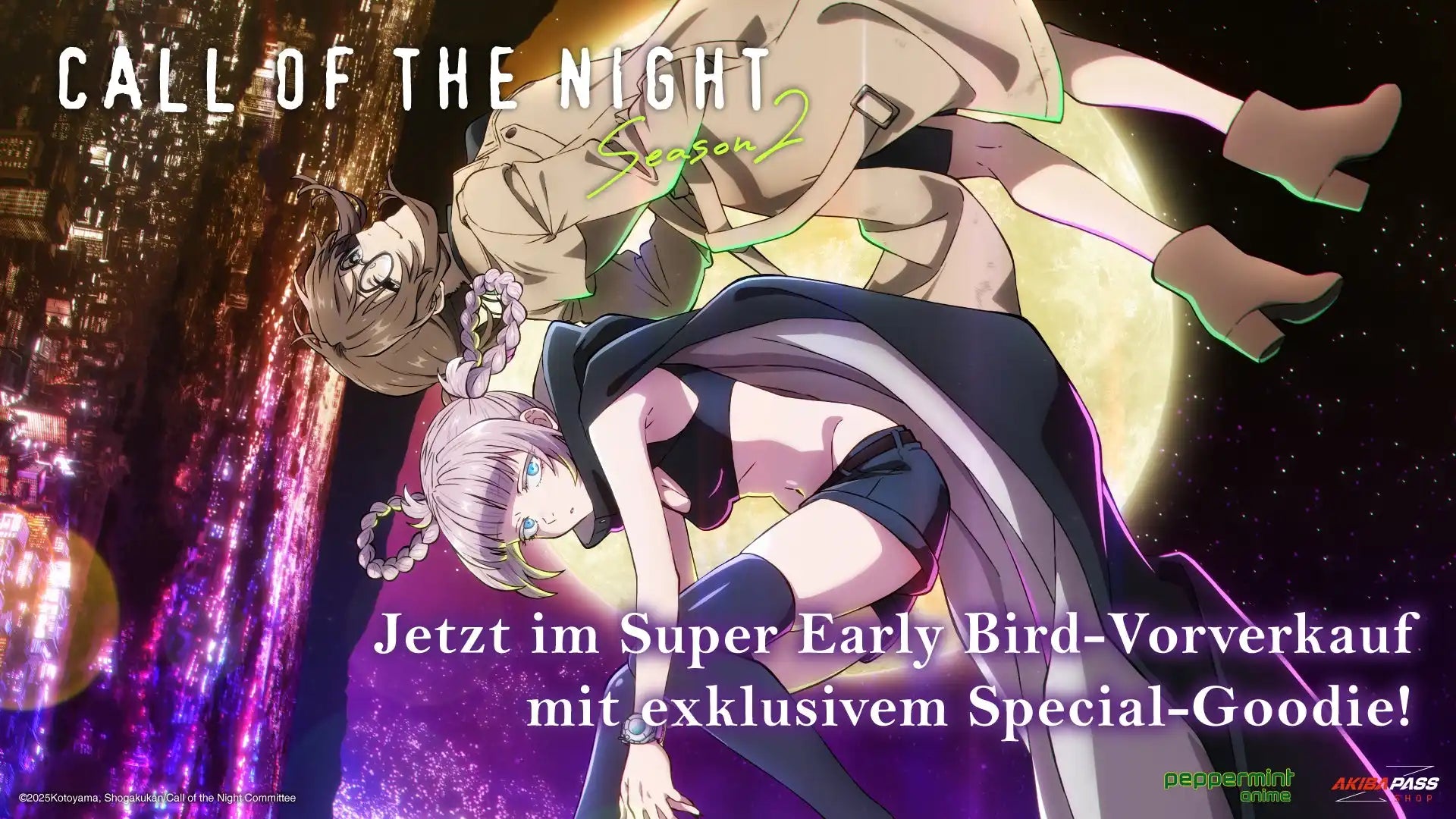 Anime-Charakterposter mit einer dramatischen Szene mit zwei Charakteren in einer urbanen Nachtkulisse, einer in Schwarz und der andere in Beige.