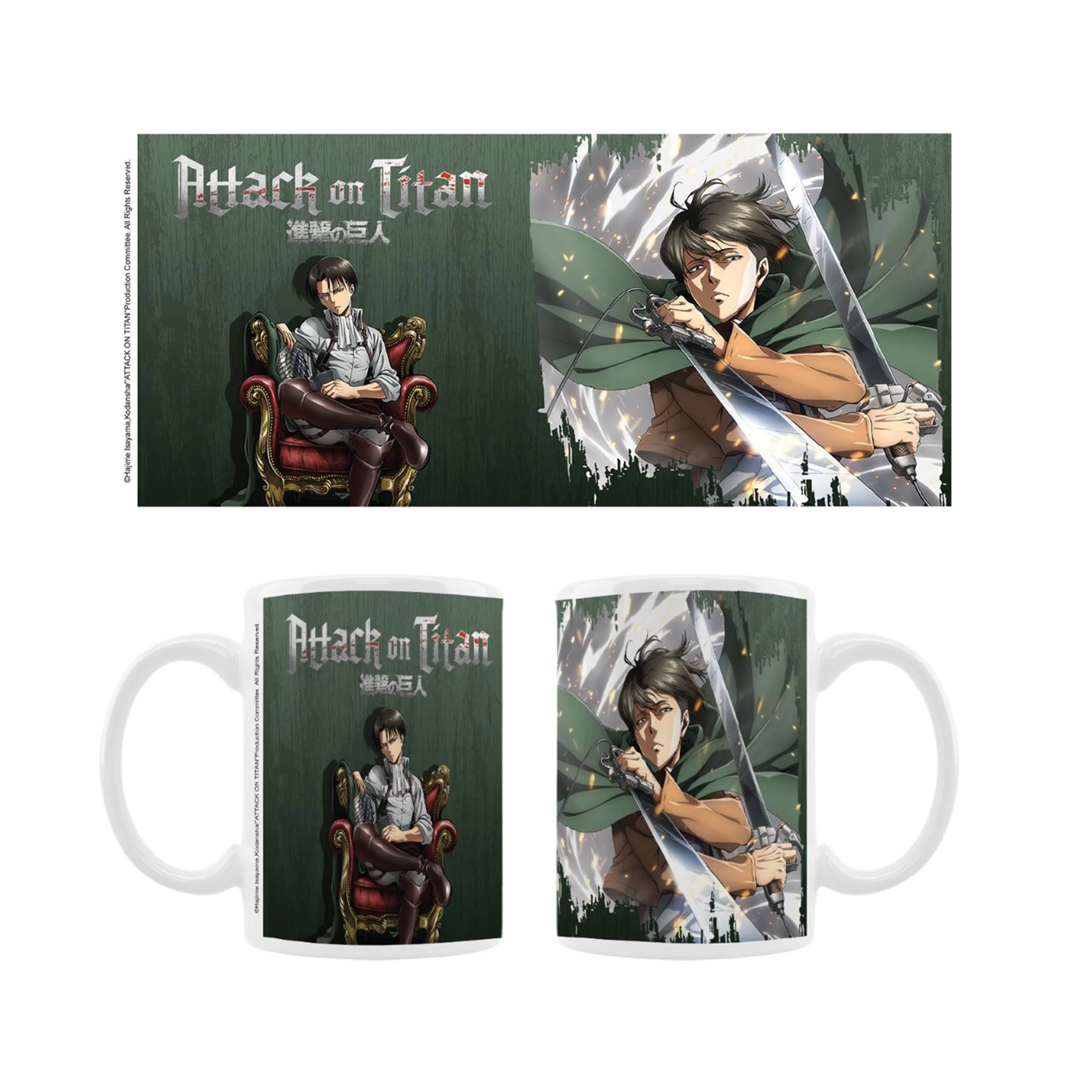Weiße Keramiktasse mit Attack on Titan Design Eren Yeager und Levi Ackerman