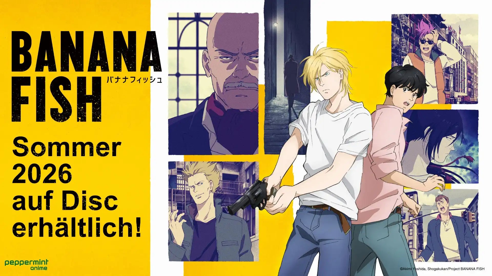 Banana Fish Anime-Poster mit Charakteren in leger Kleidung vor einem lebendigen gelben Hintergrund.