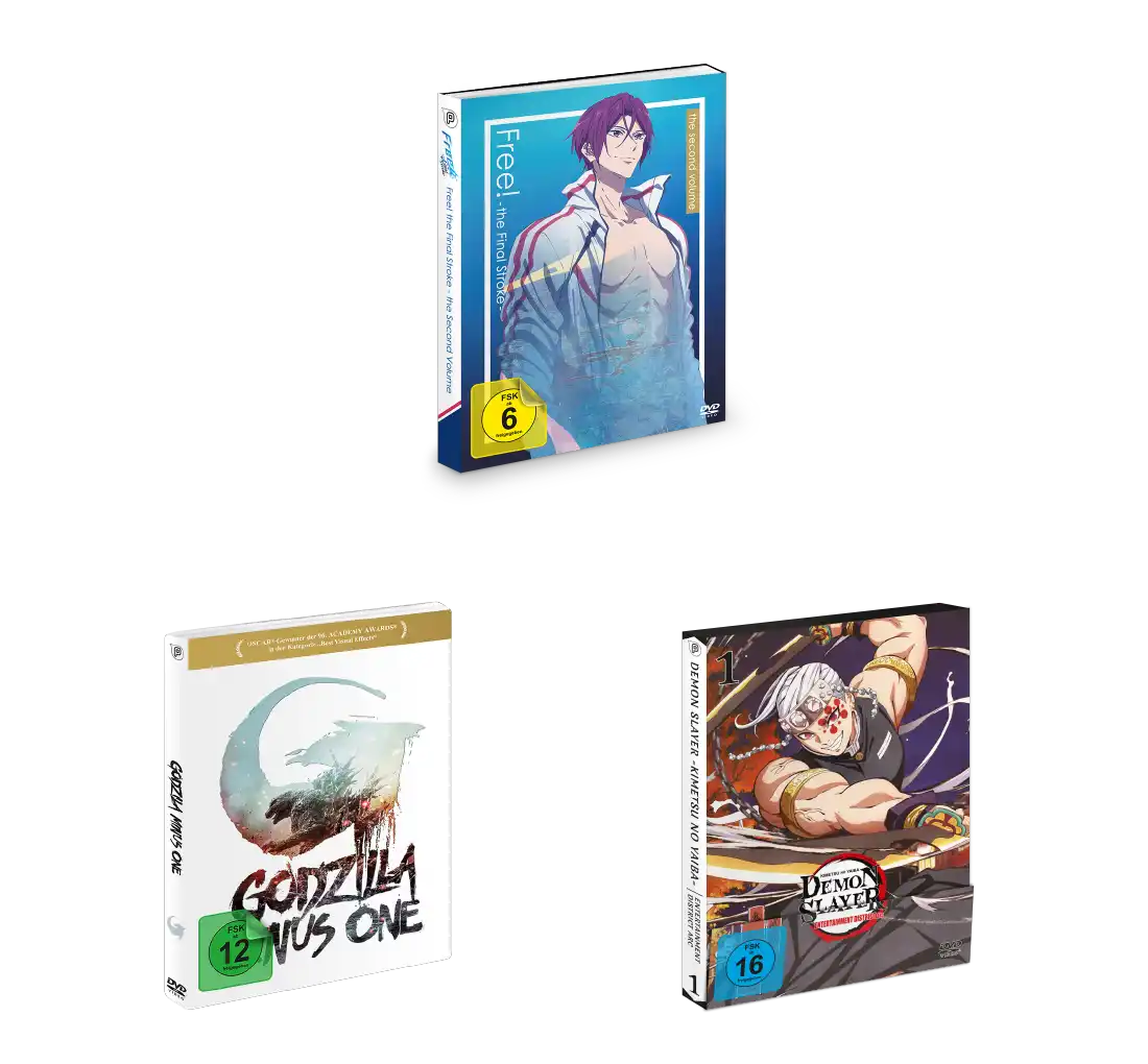 Blauer Anime-Charakter DVD-Hülle mit weißen und goldenen Akzenten, die eine männliche Figur in dynamischer Pose zeigt.