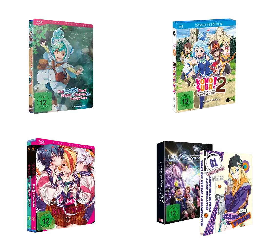 Blauer Anime-Charakterfigur mit lila und weißen Akzenten, verpackt in klarem Plastik.