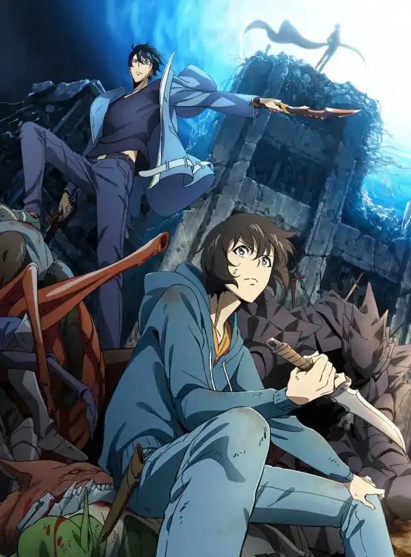 Blauer Jeansjacke mit gelber Innenfutter und Reißverschluss, dunkelhaarige Figur hält Messer.