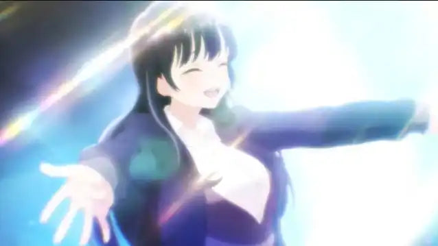 Blauer und weißer Anime-Charakter mit schwarzen Haaren, der eine dunkle Jacke trägt.