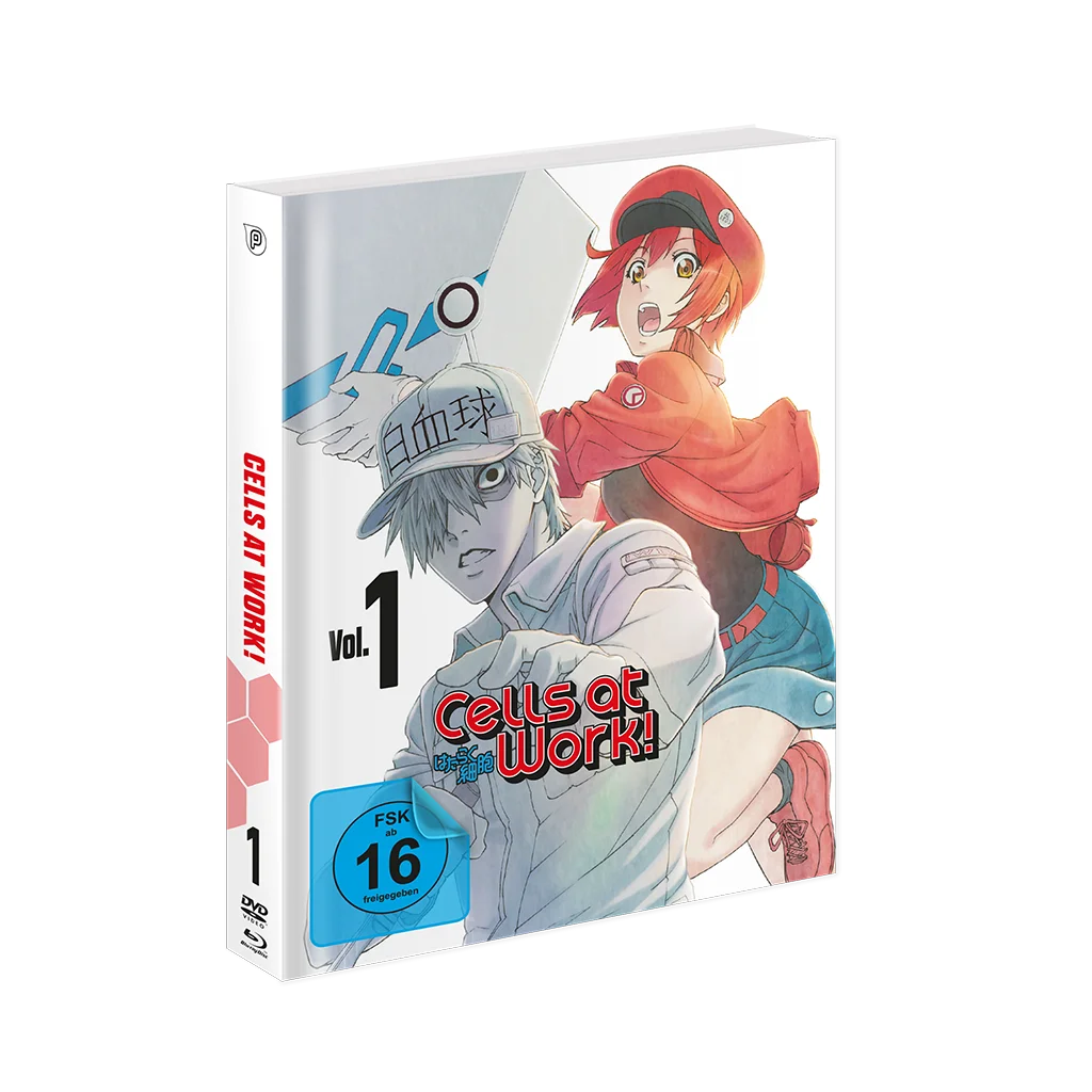 Weiße Anime Manga Buchcover mit roten und schwarzen Texten, zwei dynamische Charaktere