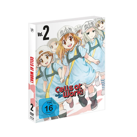 Weiße DVD-Hülle mit Anime-Charakteren und Cells at Work Vol. 2 Mediabook