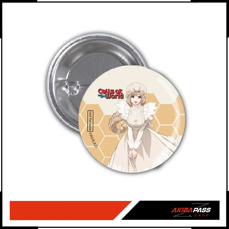 Weiße Engelsknopf-Abzeichen mit Goldakzenten vor honeycomb Muster im Cells at Work Vol 2