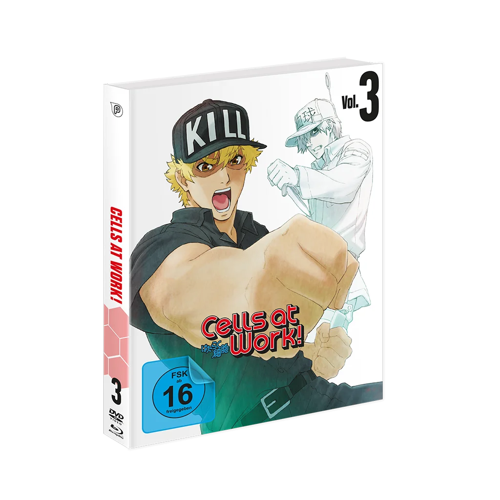 Weiße Anime-DVD-Hülle mit blauen und roten Akzenten, Muskelcharakter im Kill-Cap