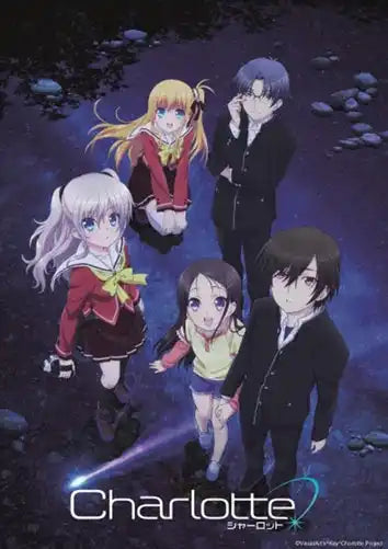 Charlotte Anime-Poster mit einer Gruppe von Charakteren in verschiedenen Outfits vor einem Nachthimmel-Hintergrund.