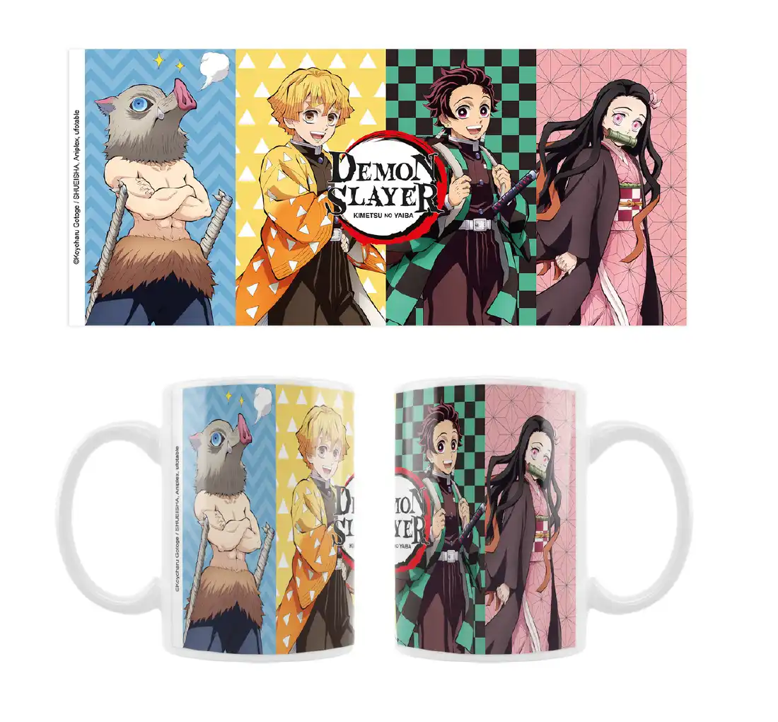 Dämonenjäger-Kaffeetasse mit Anime-Charakteren in lebendigen Farben und detaillierten Designs.