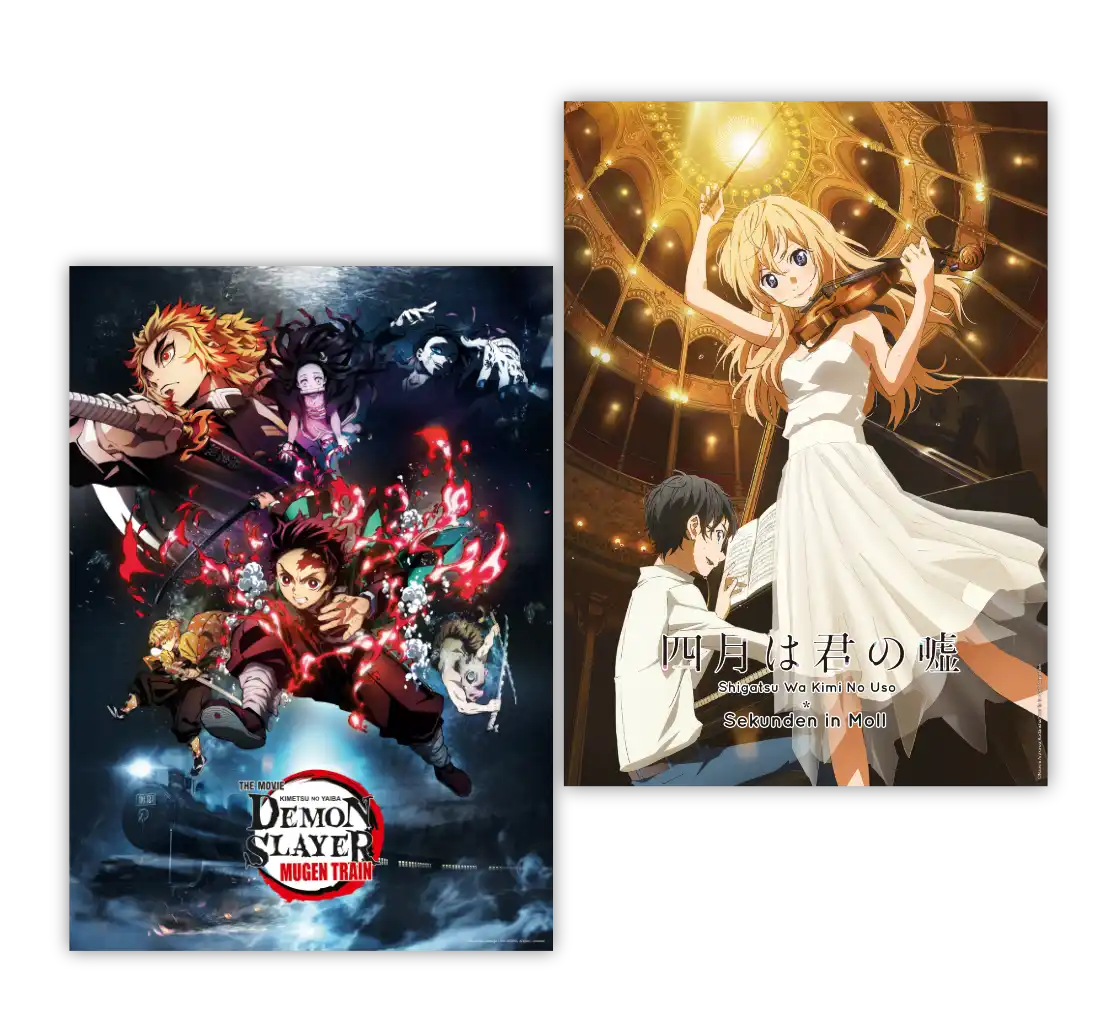 Dämonenjäger-Poster mit bunten Charakteren und dynamischer Actionszene.