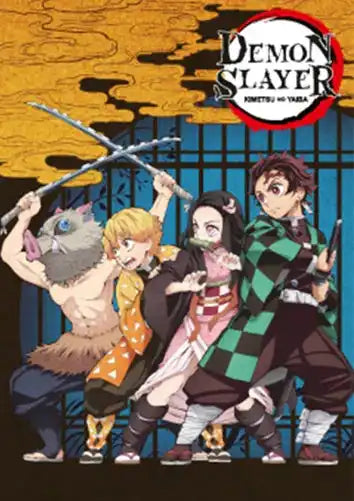 Dämonenjäger-Poster mit Tanjiro, Nezuko und Zenitsu in Aktion.