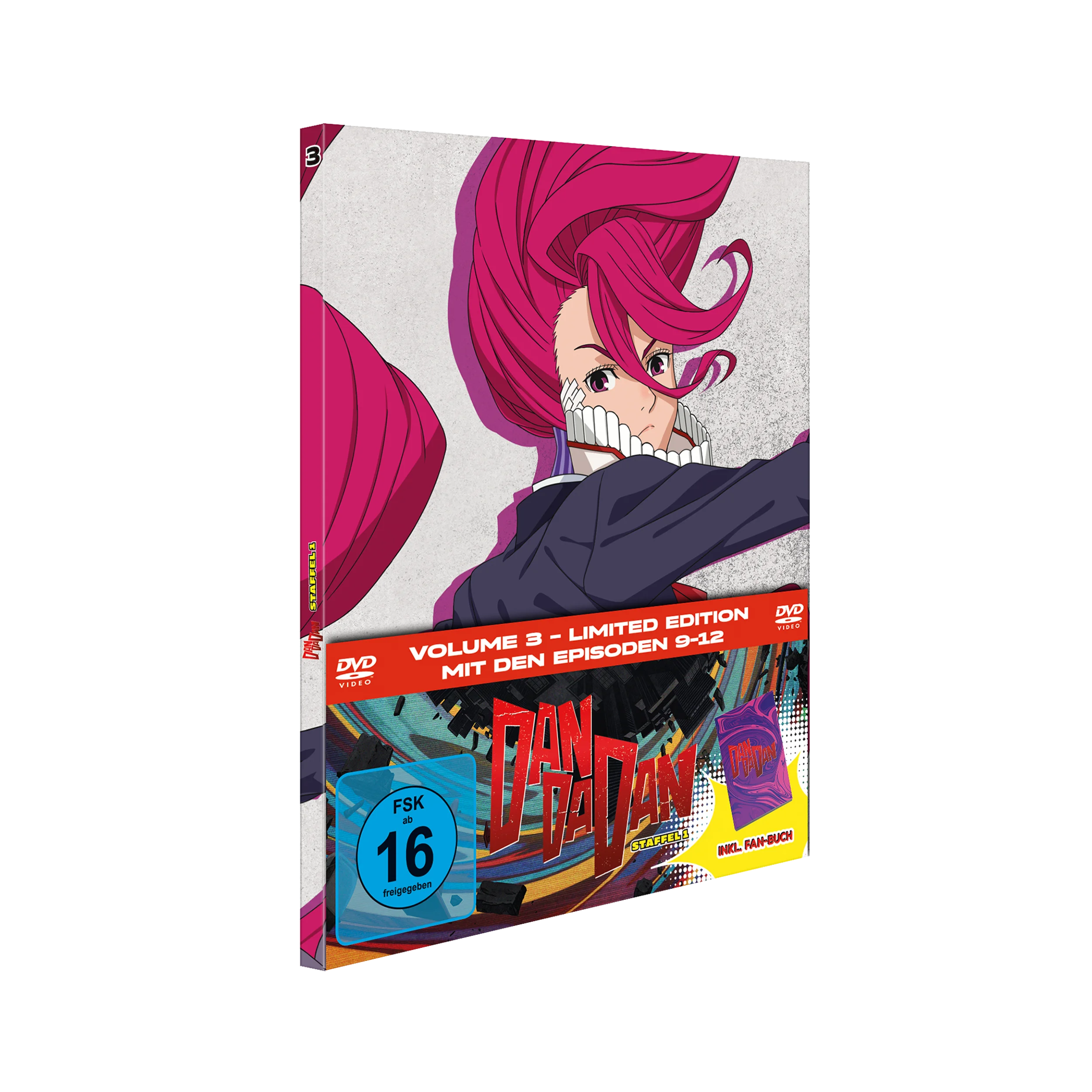 Limitierte DVD-Box von DAN DA DAN Season 1 Vol 3 mit pinkhaarigem Charakter