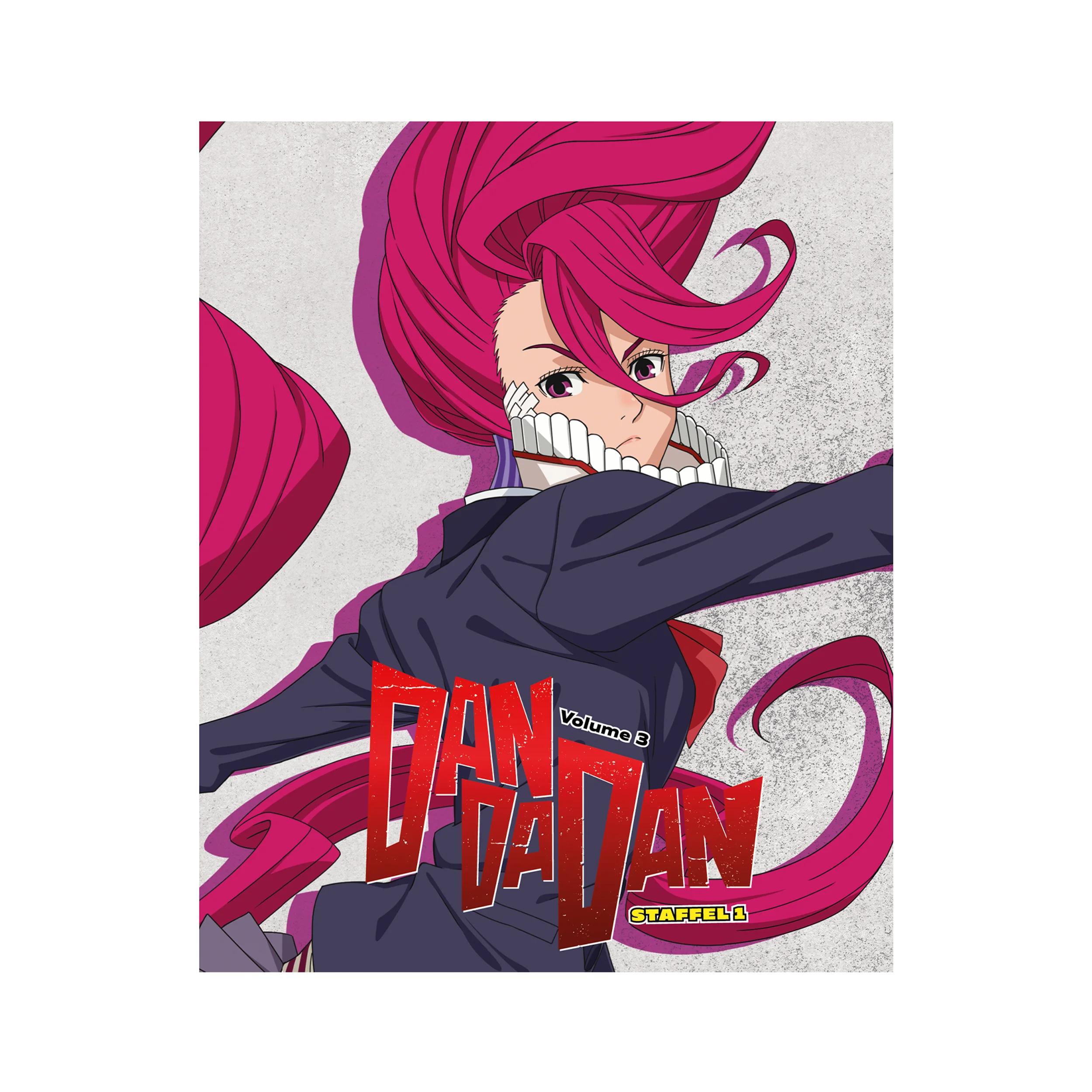 Pinkhaariges Anime-Actionfigur mit schwarzem Jackett und roten Hosen für DAN DA DAN Staffel 1 Vol 3