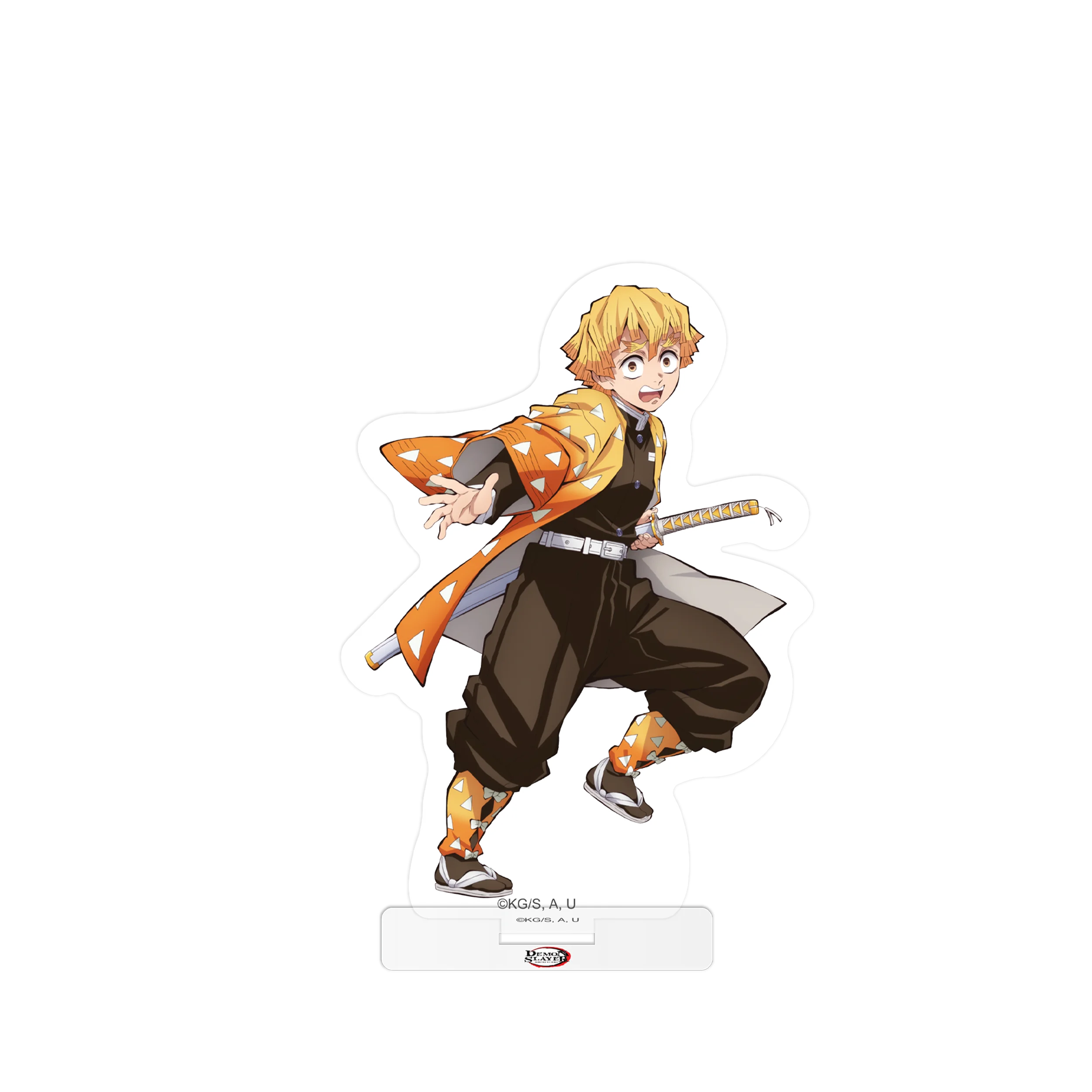 Anime-figur mit orange-schwarzem Kimetsu no Yaiba Charakter mit Schwert auf weißem Sockel
