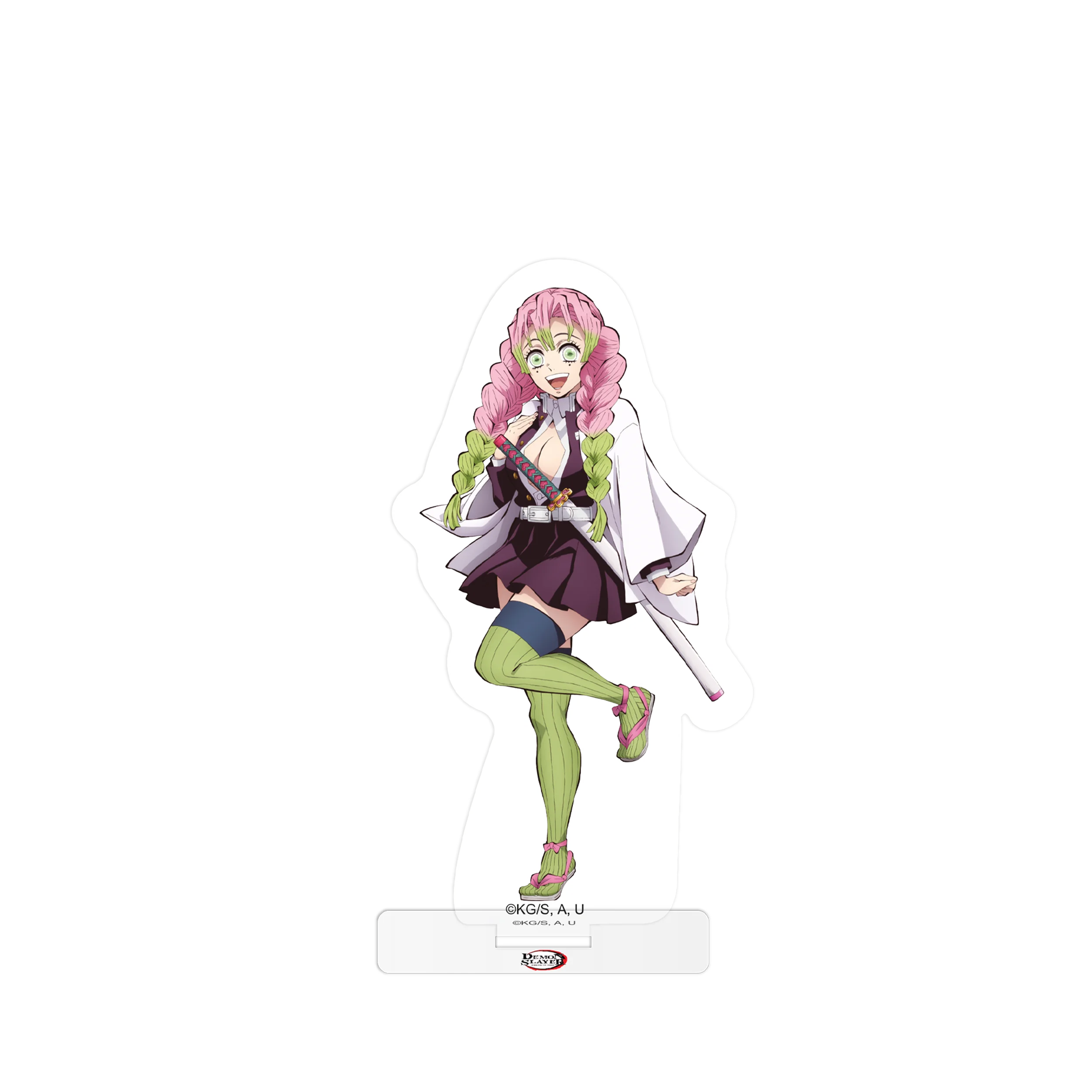 Pinkhaarige Anime-Figur mit grünen Strümpfen und weißem Mantel aus Acryl, aus Demon Slayer Arc