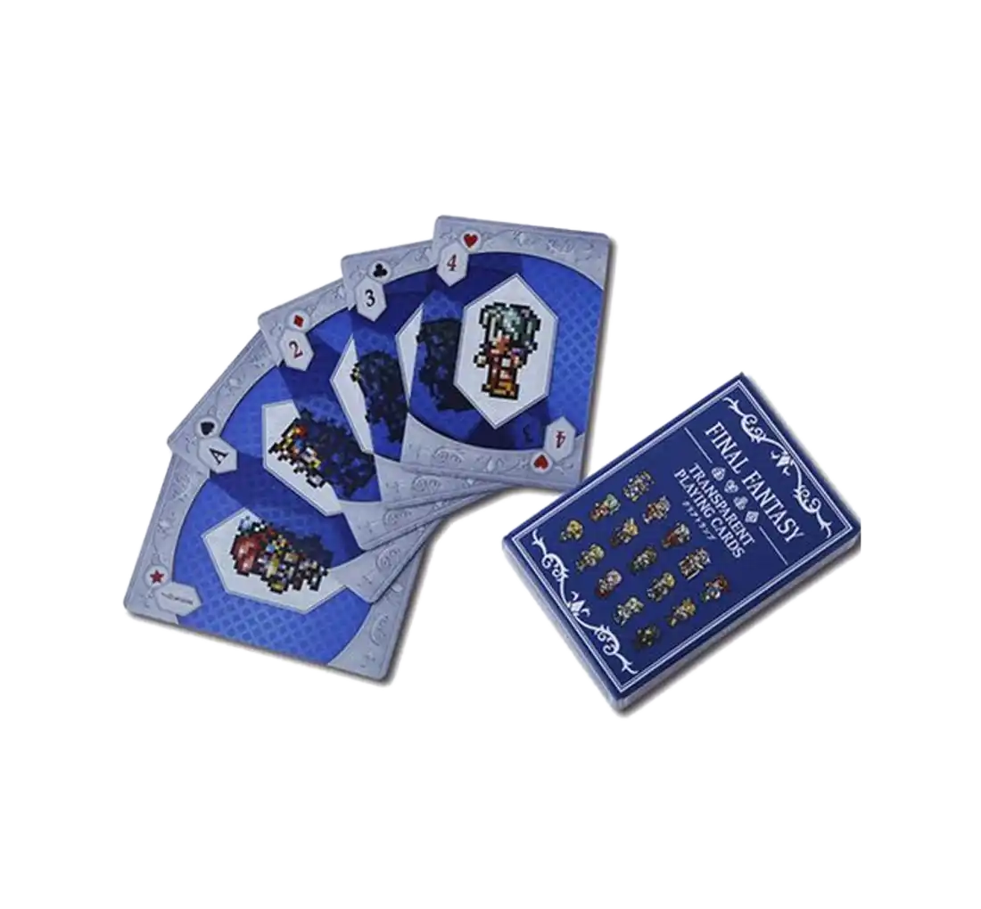 Final Fantasy thematische Spielkarten mit detaillierten Designs und blauem Hintergrund.