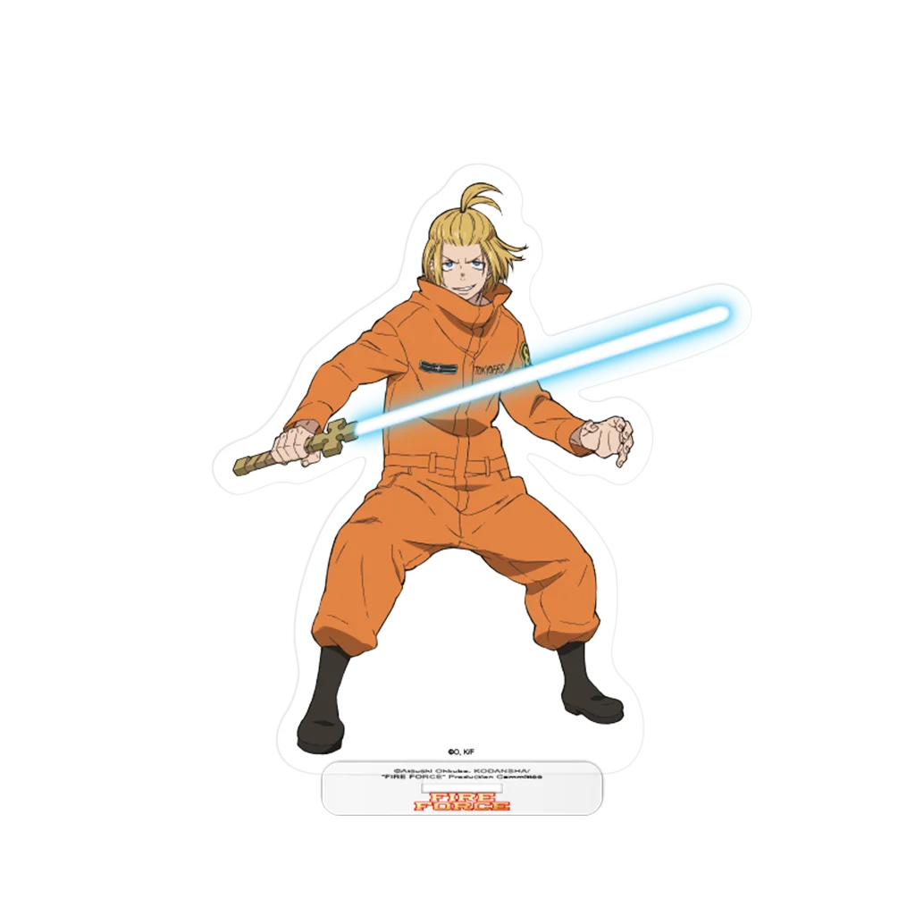 Feuer Kraft Acrylaufsteller Arthur mit orangefarbenem Overall und blauer Lichtschwert-Aufkleber