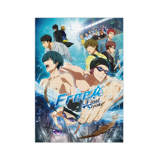 Blaue und weiße Anime-Poster für Free! The Final Stroke mit Schwimmern in Aktion