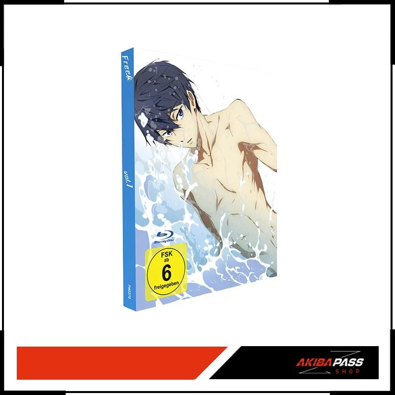 Blaue Anime-Figur auf Blu-ray-Case mit Wassertropfen-Design für Free! Vol. 1 Limited Edition