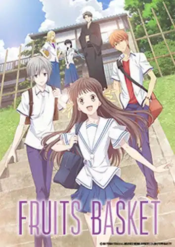 Fruits Basket Anime-Poster mit einem Mädchen in Matrosenanzug, langem braunem Haar und einer weiteren Figur.