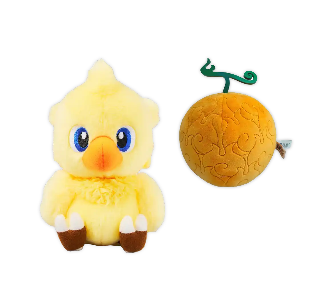 Gelber Plüsch-Ente-Spielzeug mit braunen Füßen und Schnabel, blauen Augen und einem kleinen Kamm auf dem Kopf.