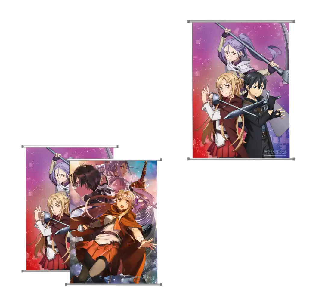 Lila und rotes Anime-Charakter-Poster-Set mit Schwertern.