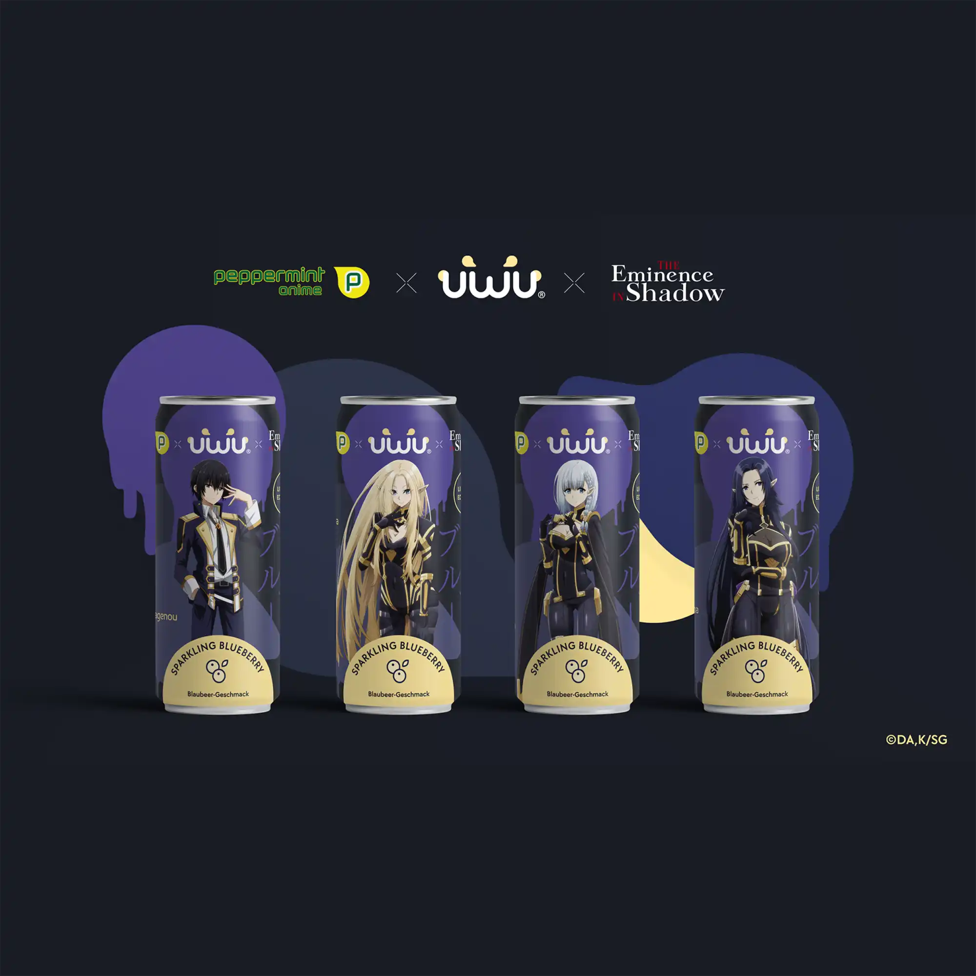 Lila und weiße Energydose mit Anime-Charakter-Design, peppermint potts Marke.