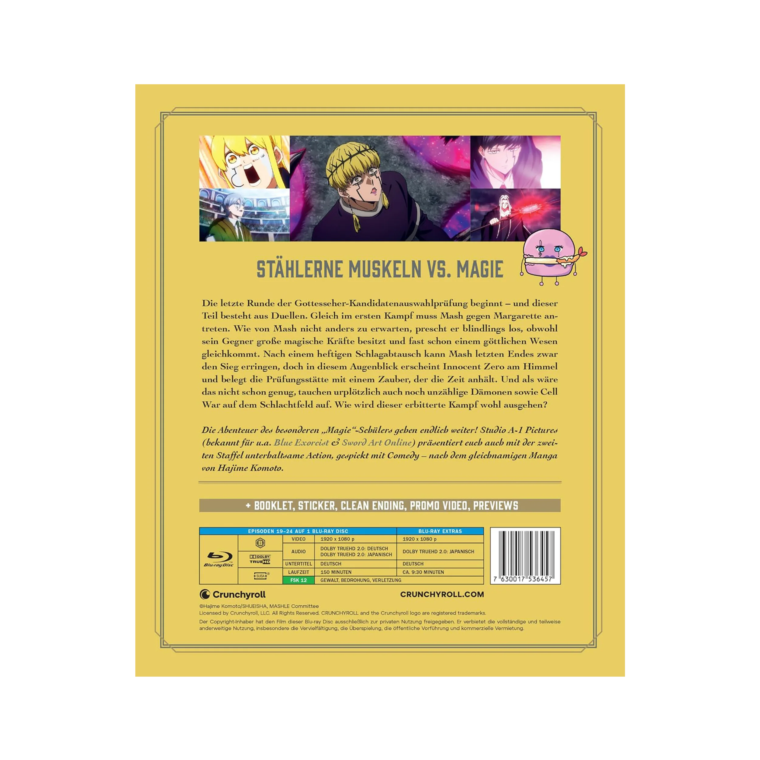 Gelbes Anime-Blu-ray-Case mit bunten Illustrationen für Mashle Staffel 2 Teil 2