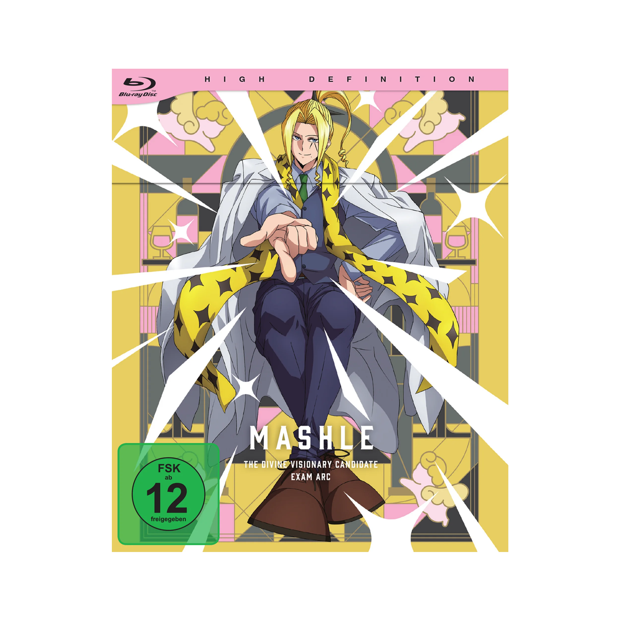 Gelber und schwarzer gestreifter Schal mit weißem Hundedesign aus Mashle Staffel 2 Blu-ray