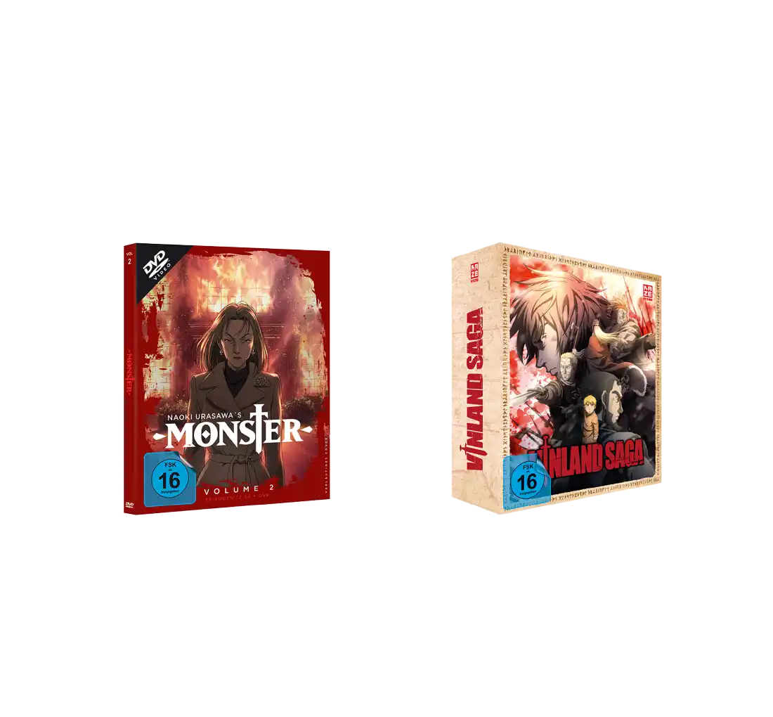 Monster-DVD-Hülle mit rotem und schwarzem Cover, mit Anime-Artwork.
