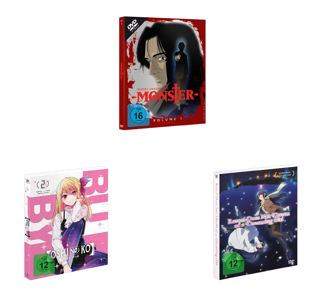 Monster DVD-Sammleredbox mit rotem und schwarzem Cover, mit Anime-Artworks.