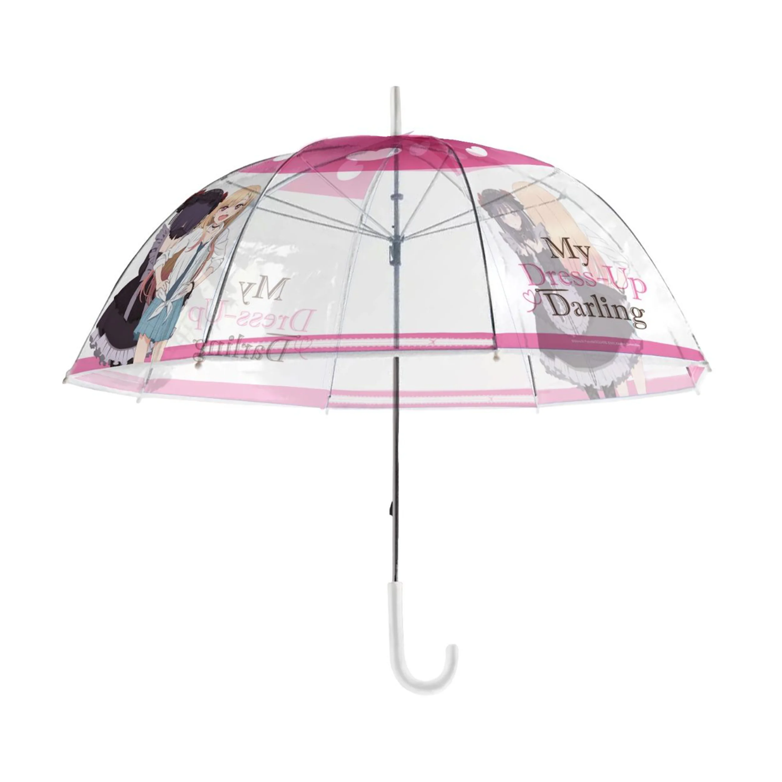 Transparenter Dome-Regenschirm mit rosa Akzenten und Anime-Prints aus My Dress-Up Darling
