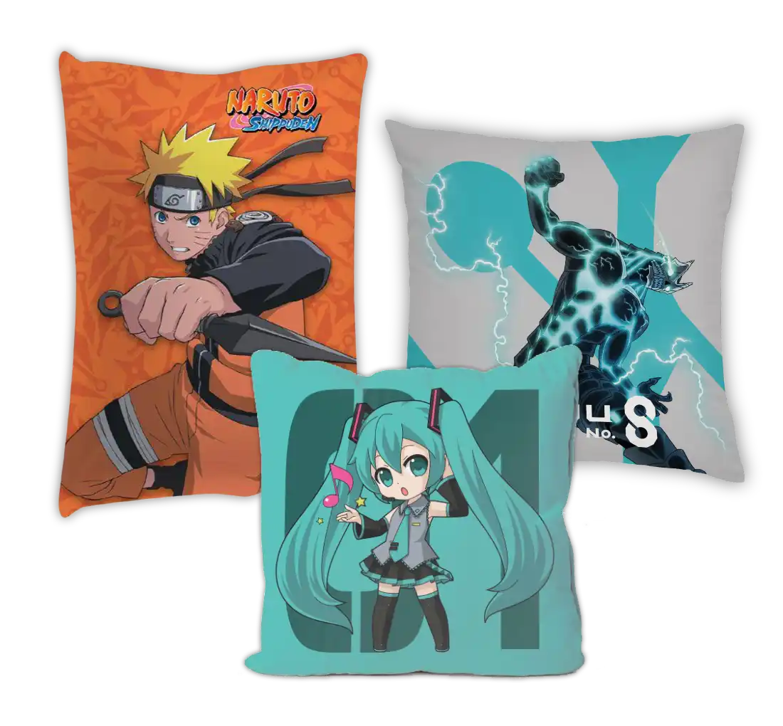 Naruto Wurfkissen mit orange- und schwarzfarbenem Design, das Charakter in dynamischer Pose zeigt.