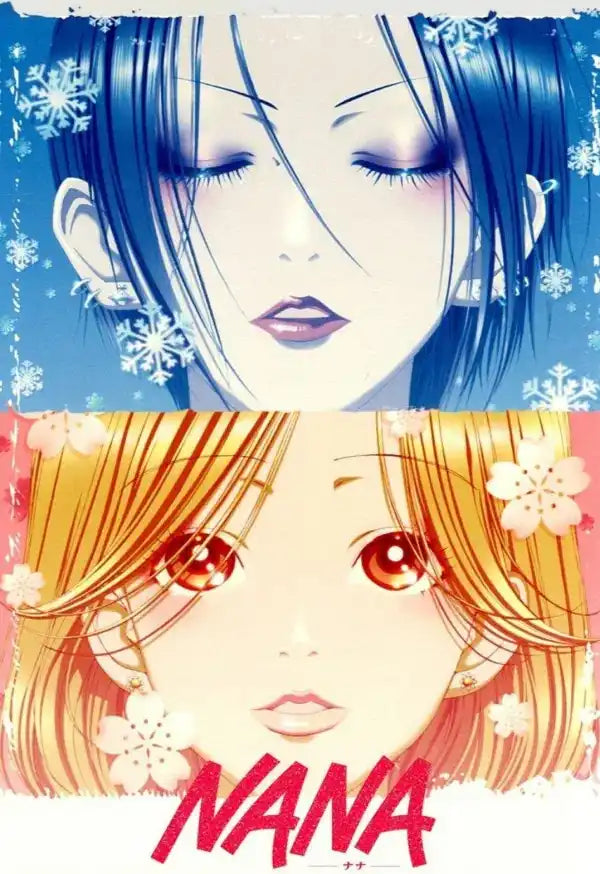 Nana-Manga-Cover mit einem Mädchen mit blauer Haarfarbe, roten Augen und Kirschblüten.
