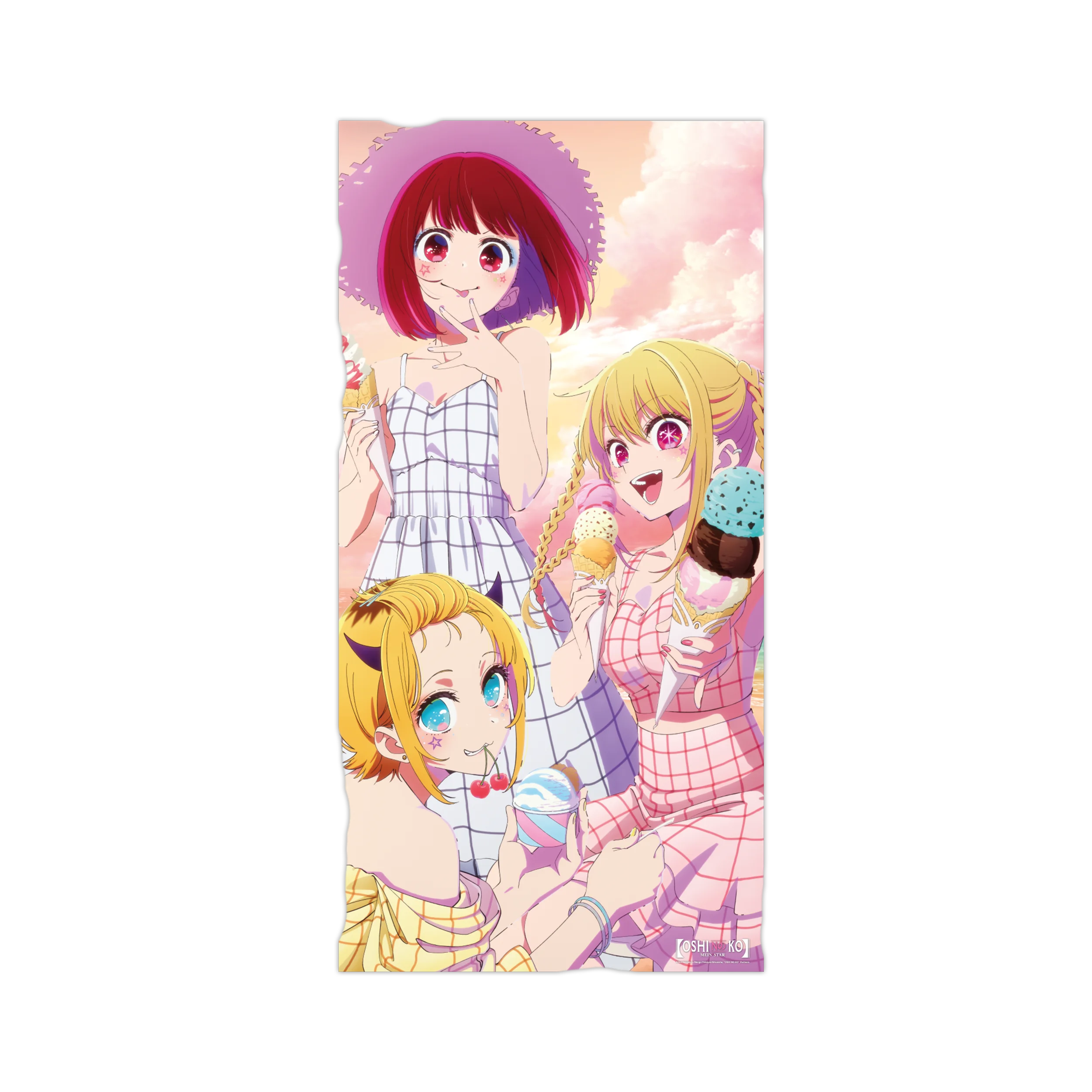 Pink und lila kariertes Strandtuch mit Cartoon-Charakteren aus Oshi No Ko Mein*Star